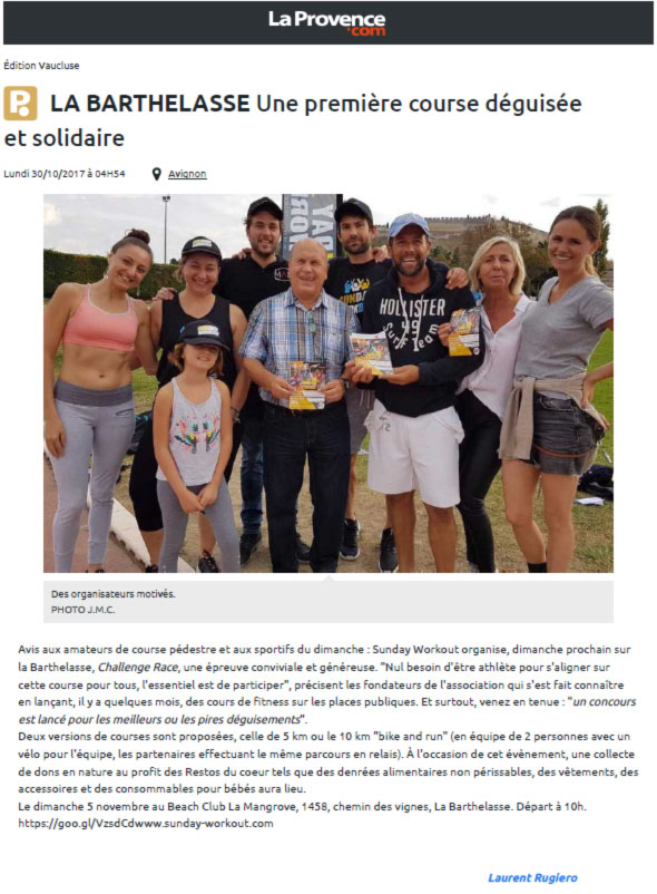 Article presse la Provence Sunday Workout Challenge Race déguisée à la Mangrove Avignon