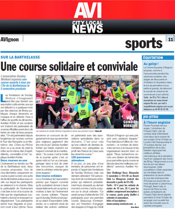 Article presse Avi City News Sunday Workout Challenge Race déguisée à la Mangrove Avignon